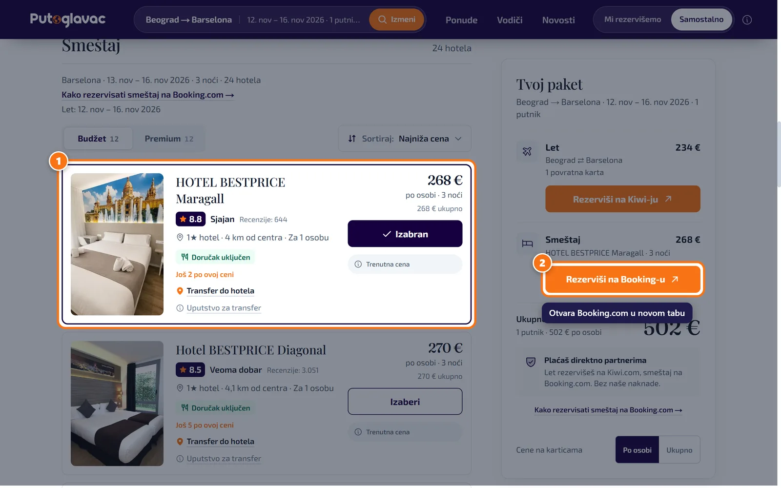 Kartica hotela sa dugmetom „Izaberi” i okvir „Tvoj paket” sa dugmetom „Rezerviši na Booking-u”.