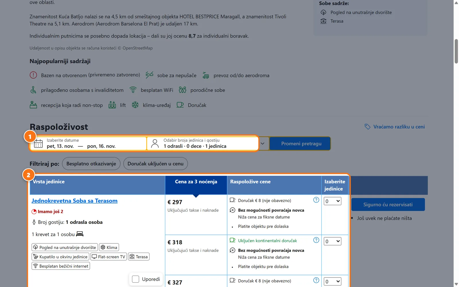 Booking.com stranica hotela sa označenim datumima i gostima i tabelom soba sa cenama.