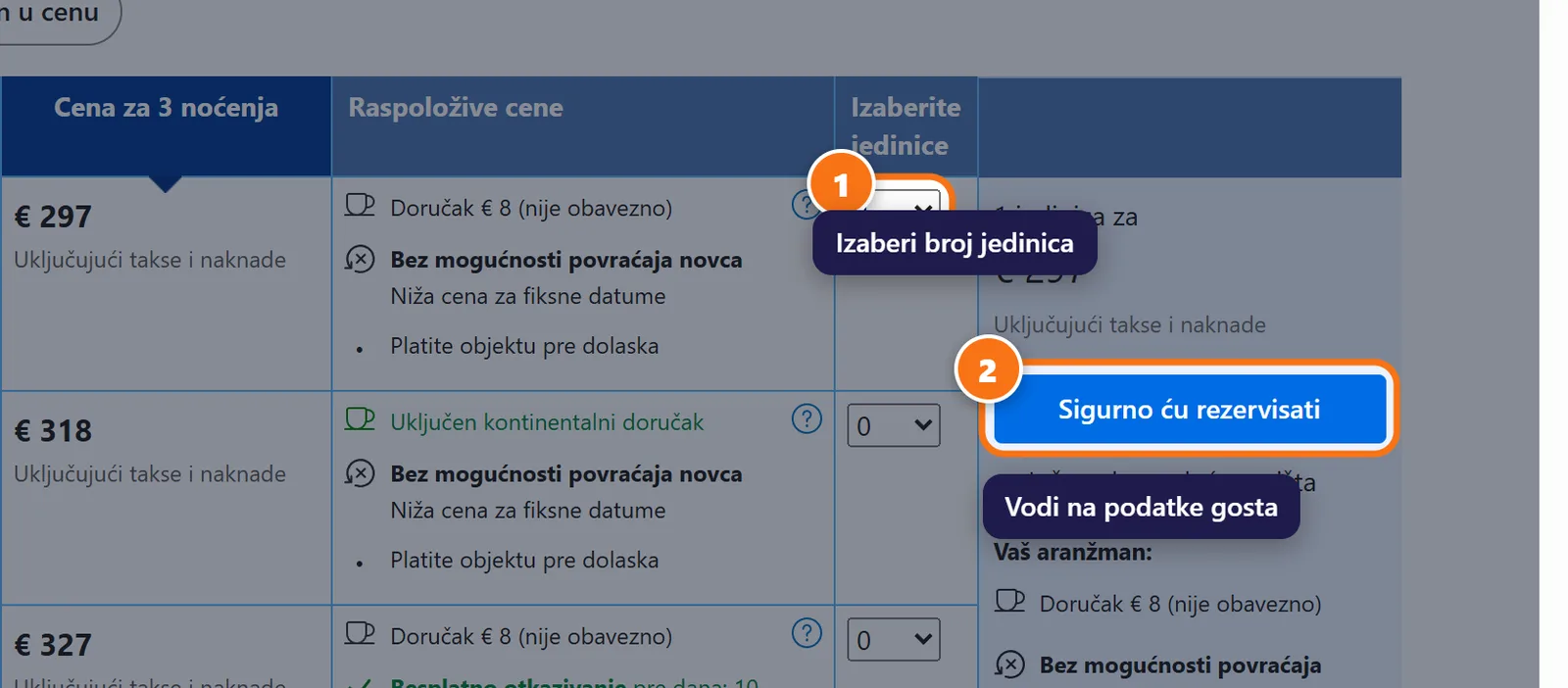 Booking.com tabela soba sa označenim izborom broja jedinica i dugmetom „Sigurno ću rezervisati”.