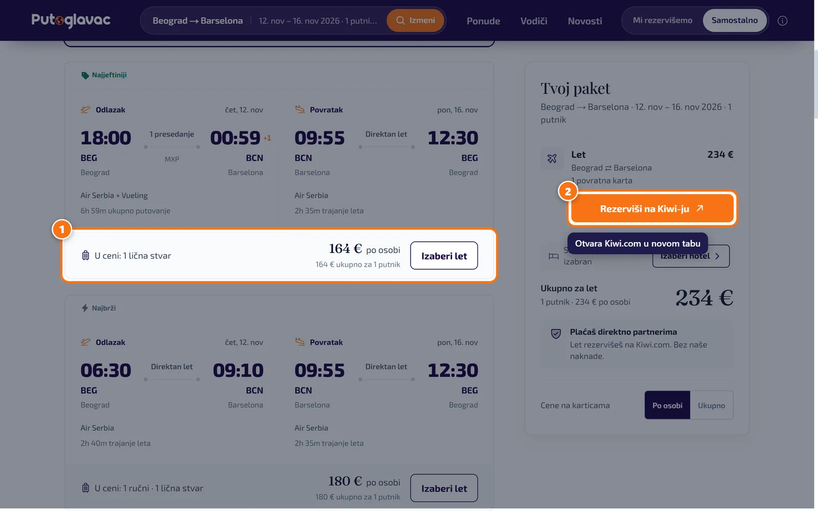 Kartica leta Beograd–Barselona sa dugmetom „Izaberi let” i okvir „Tvoj paket” sa dugmetom „Rezerviši na Kiwi-ju”.