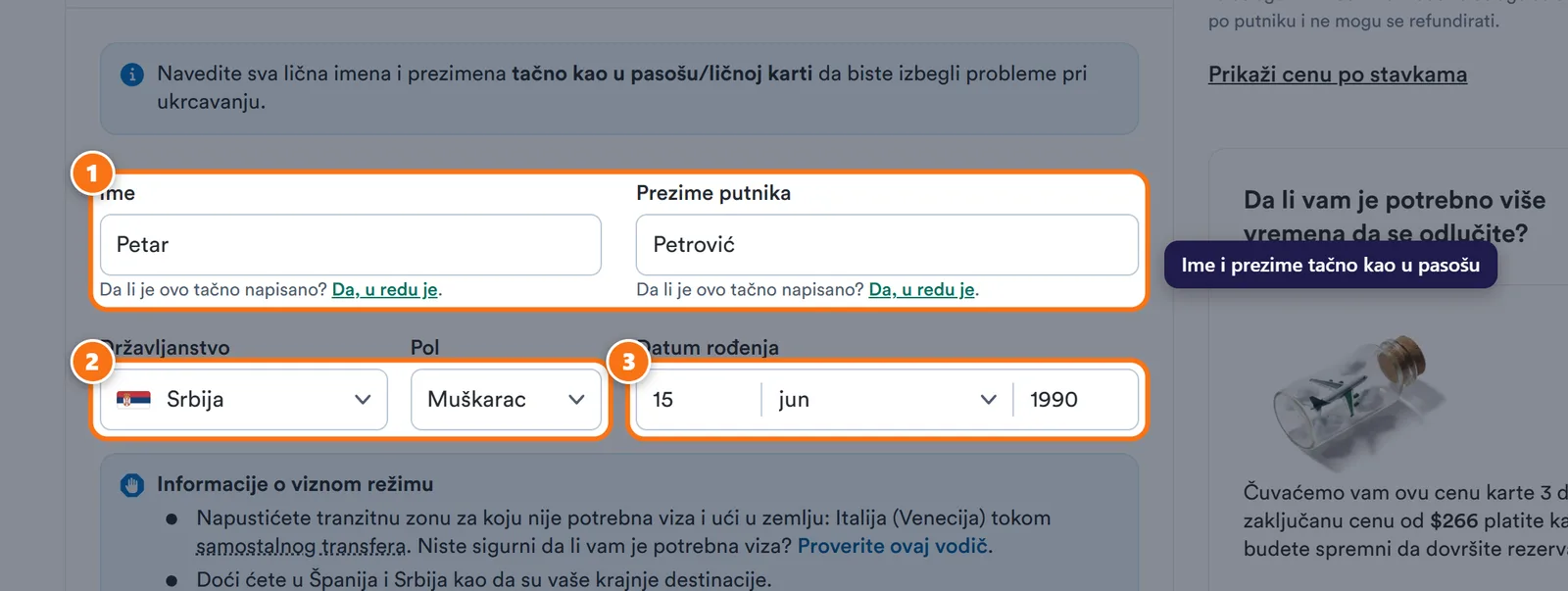 Kiwi.com forma za putnika popunjena primerom: Petar Petrović, Srbija, Muškarac, 15. jun 1990.