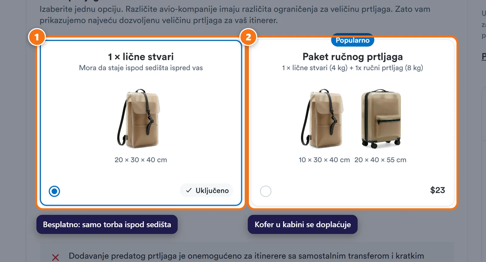 Kiwi.com izbor ručnog prtljaga: lična stvar uključena u cenu i paket ručnog prtljaga uz doplatu.