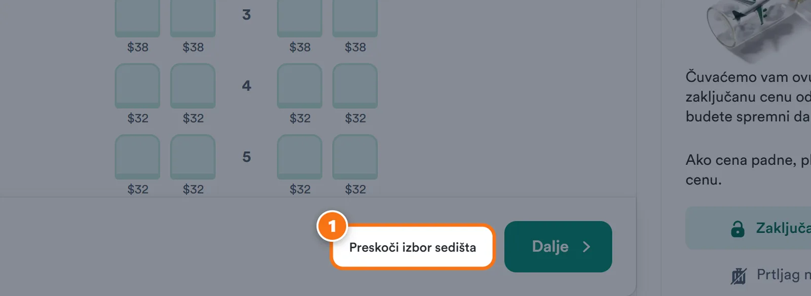 Dugme „Preskoči izbor sedišta” na dnu Kiwi.com mape sedišta.