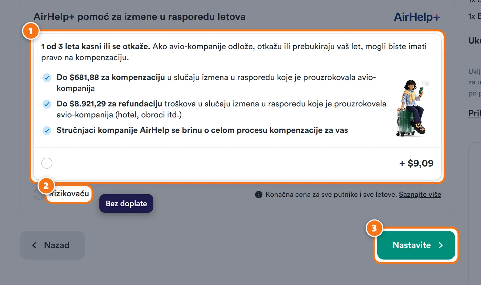 Kiwi.com ponuda AirHelp+ sa opcijom „Rizikovaću” i dugmetom „Nastavite”.