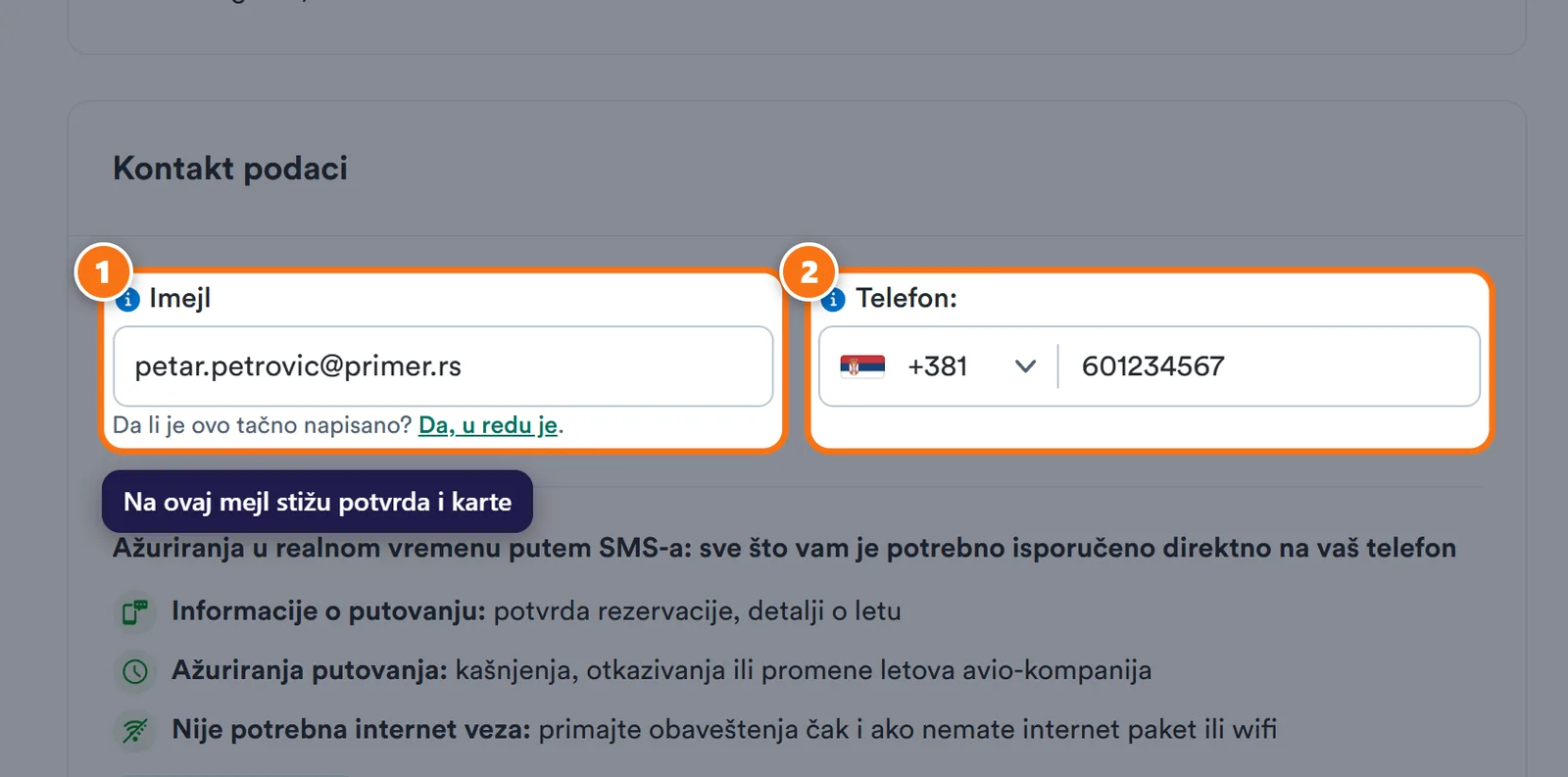 Kiwi.com kontakt podaci popunjeni primerom mejla i srpskog broja telefona.